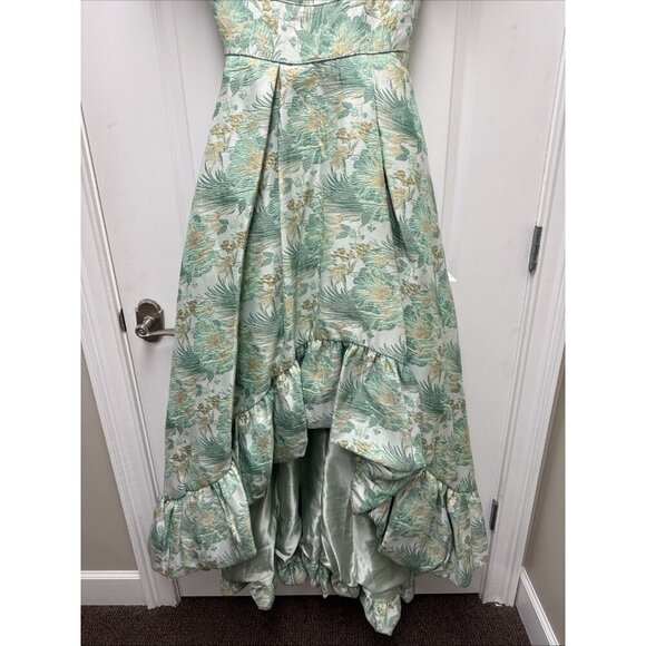 MAC DUGGAL Size 4 Green Floral Brocade 68276 Puff Sleeve High Low Gown Dress New - Picture 7 of 12